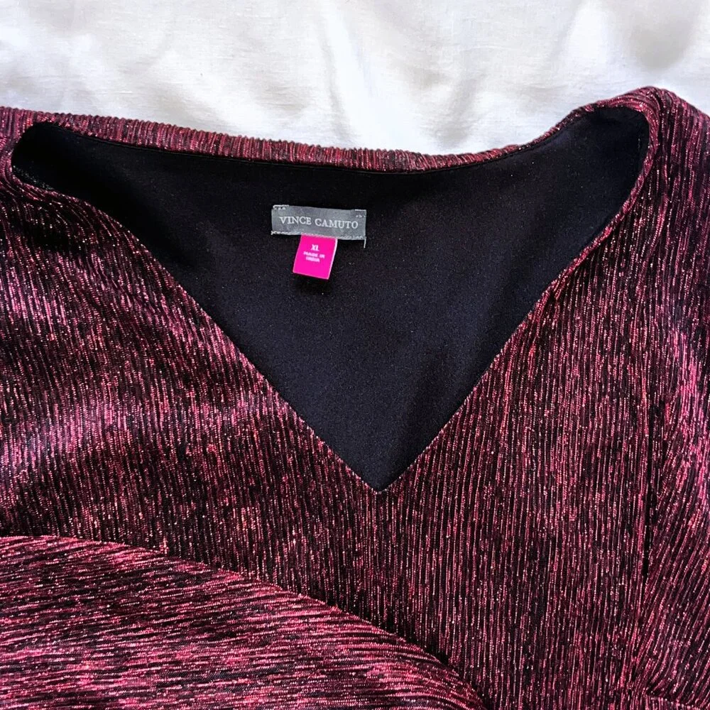 Vince Camuto Women's Metallic V-Neck Sheer-Sleeve Top, Wine Color Holiday - Picture 7 of 7